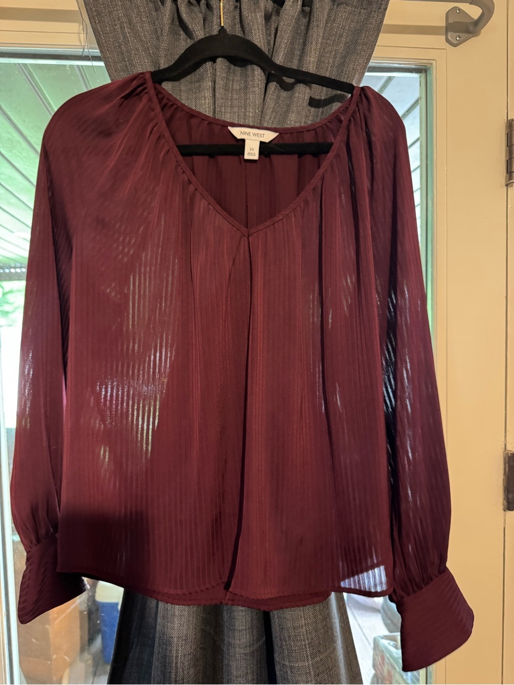 Nine West Plum Long-Sleeve V-Neck Pleated Blouse